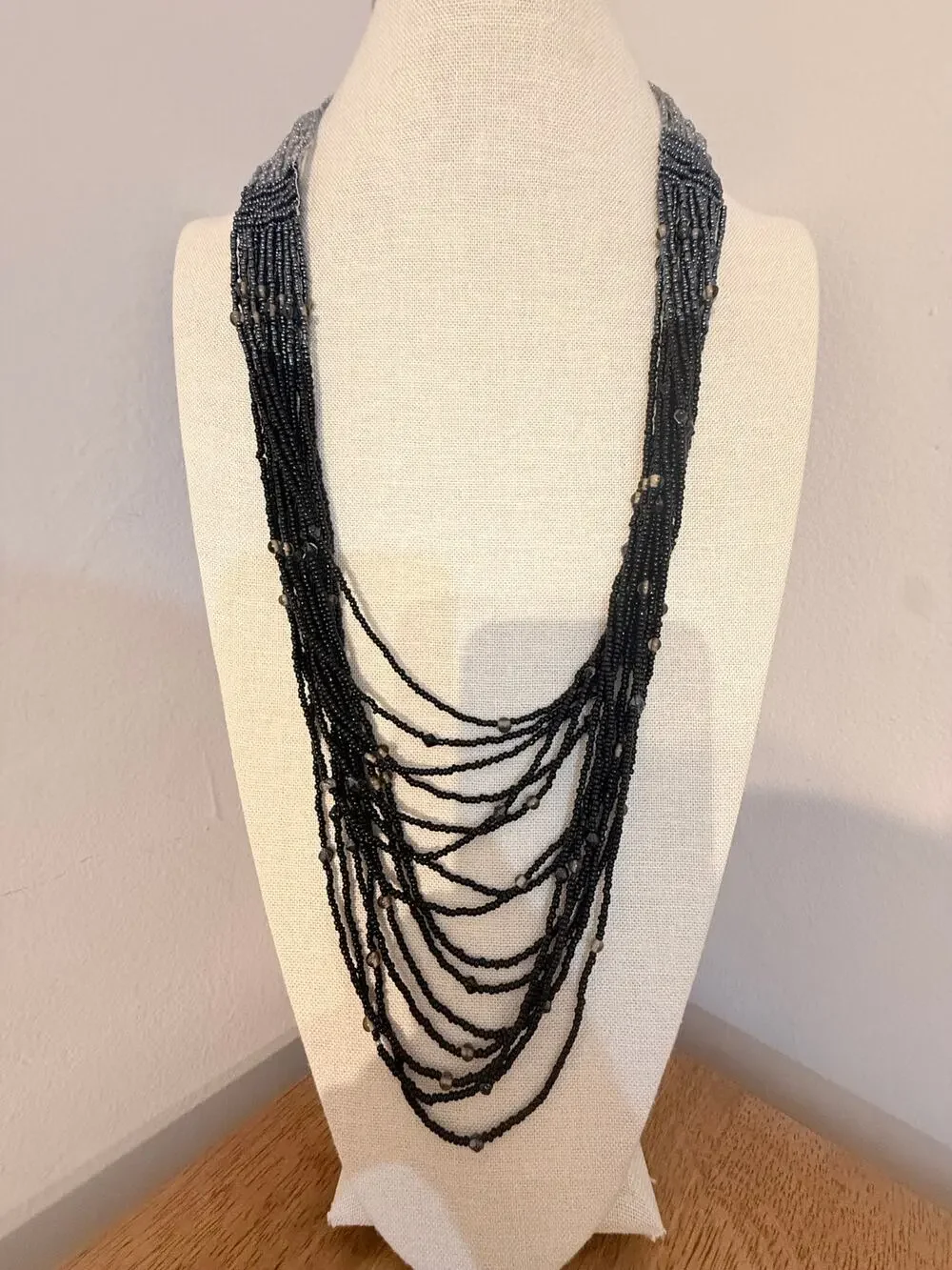 Vintage Black Multi Strand Seed Bead Waterfall Necklace 28”